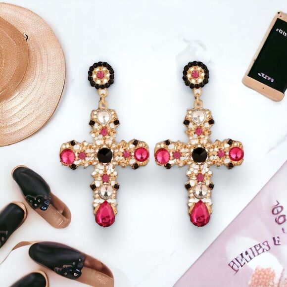 Gold Rosette Crystal Hanging Cross Statement Post Earrings NEW - Picture 2 of 4